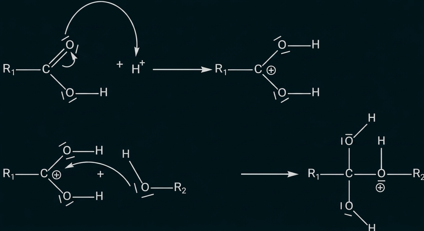 Schematische Darstellung einer Protonierung eines Carbonyls und anschließender Nukleophiladdition zu einem acetalähnlichen Zwischenprodukt.